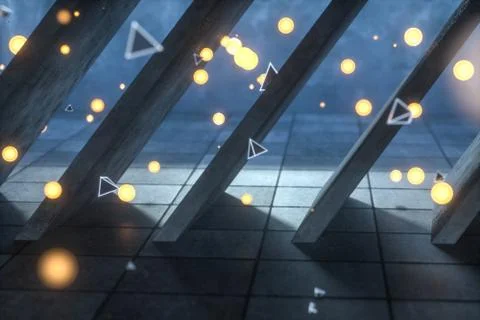 3d rendering, glowing fire fly in abandoned room, dark background Stock Illustration