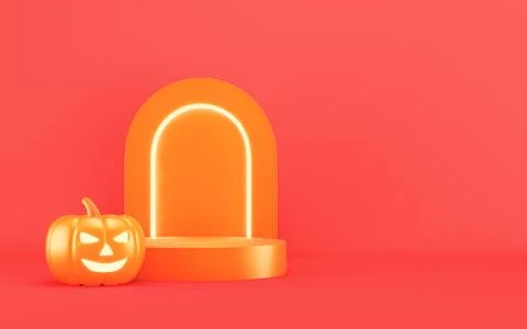 3D rendering of a glowing jack-o'-lantern pumpkin with a neon arch and podi.. 스톡 일러스트