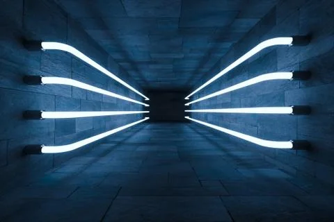 3d rendering, glowing magic lines in anbanoned room, dark background Stock Illustration