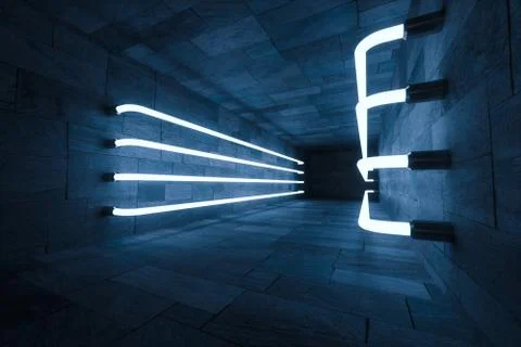 3d rendering, glowing magic lines in anbanoned room, dark background Stock Illustration