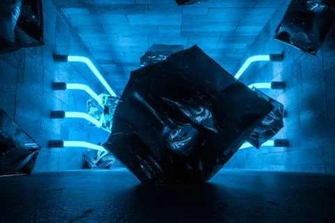 3d rendering, glowing magic lines in anbanoned room, dark background Stock Illustration