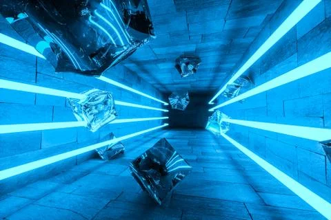 3d rendering, glowing magic lines in anbanoned room, dark background Stock Illustration