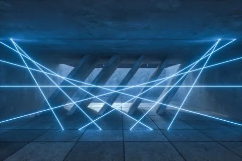 3d rendering, glowing magic lines in abandoned room, dark background Stock Illustration