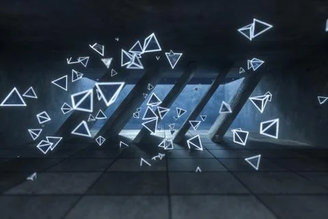 3d rendering, glowing magic triangles in abandoned room, dark background Stockillustratie