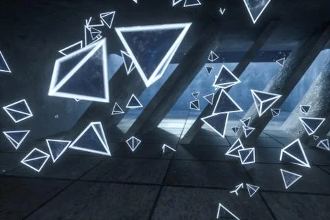 3d rendering, glowing magic triangles in abandoned room, dark background Stockillustratie