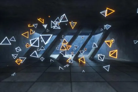 3d rendering, glowing magic triangles in abandoned room, dark background Stock Illustration