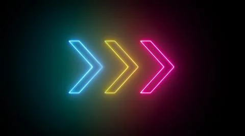 3D rendering of glowing neon arrows on a black background. Can be used to cre Stock Illustration