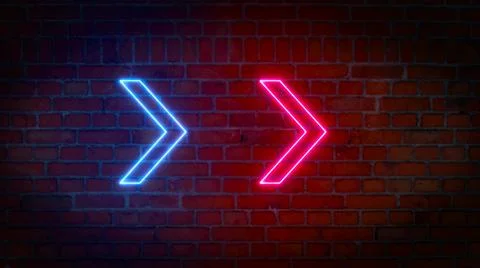 3D rendering of glowing neon arrows on a brick wall background. Can be used t Stock Illustration