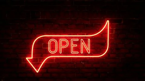 3D rendering of glowing neon arrows with the inscription open on a brick wall Illustrazione stock