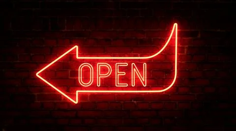 3D rendering of glowing neon arrows with the inscription open on a brick wall Stock Illustration