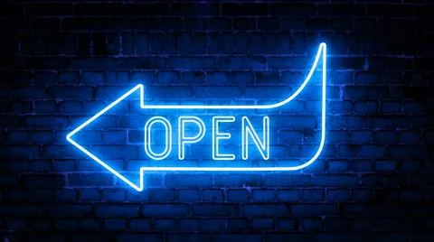 3D rendering of glowing neon arrows with the inscription open on a brick wall Stock Illustration
