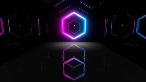 3d rendering of glowing neon laser beam purple blue dark hexagon blank Stock Illustration