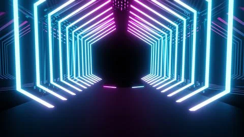 3d rendering of glowing neon laser beam purple blue dark hexagon blank Stock Illustration