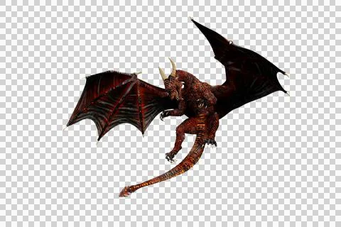 3D rendering of a glowing red skinned fantasy dragon hovering and looking dow Illustrazione stock