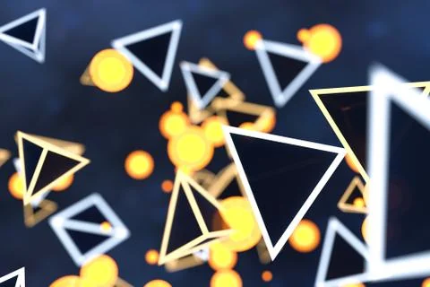 3d rendering, glowing triangle cube with dark background. Illustrazione stock