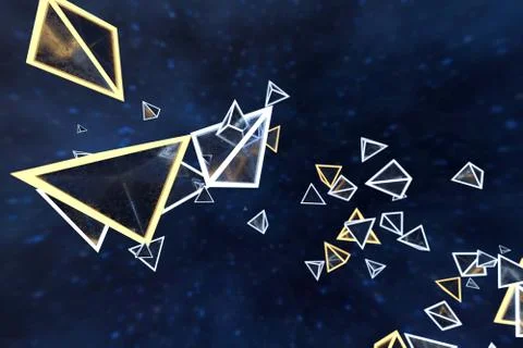 3d rendering, glowing triangle cube with dark background. Illustrazione stock