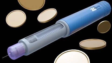 A 3D rendering of GLP-1 injector and gold coins Stock Illustration