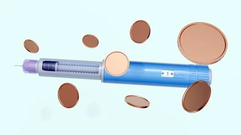 A 3D rendering of GLP-1 injector and gold coins Stock Illustration