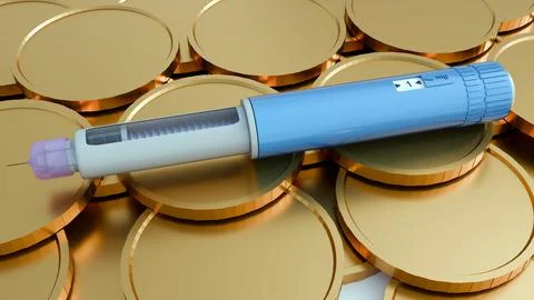 A 3D rendering of GLP-1 injector and gold coins Stock Illustration