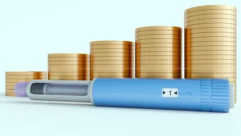 A 3D rendering of GLP-1 injector and gold coins Stock Illustration
