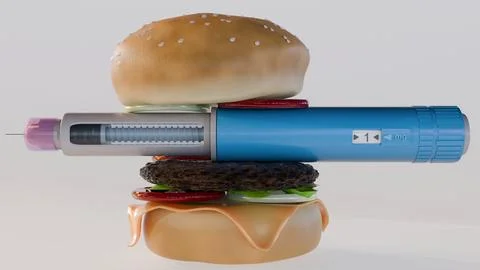 A 3d rendering of GLP-1 injector pen and fast food burgers. Stock Illustration