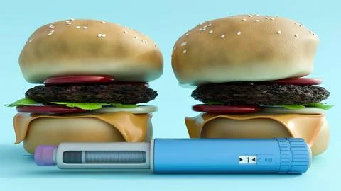 A 3d rendering of GLP-1 injector pen and fast food burgers. Stock Illustration