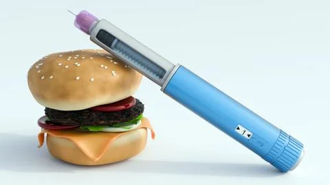 A 3d rendering of GLP-1 injector pen and fast food burgers. Stock Illustration