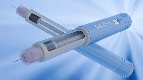 A 3d rendering of GLP-1 injector pen illuminated by rays of light Stock Illustration