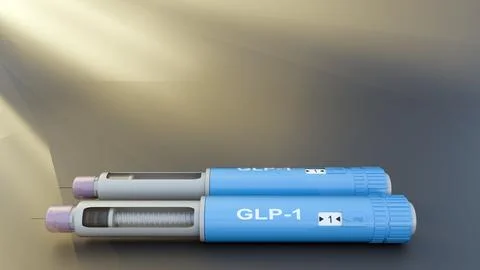 A 3d rendering of GLP-1 injector pen illuminated by rays of light Stock Illustration