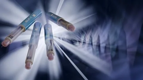 A 3d rendering of GLP-1 injector pen illuminated by rays of light Stock Illustration