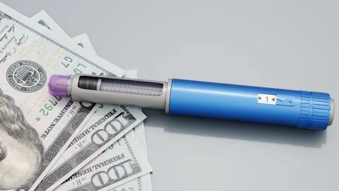 3D rendering of GLP-1 pens on dollar bills. Stock Illustration
