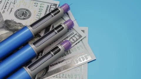 3D rendering of GLP-1 pens on dollar bills. Stock Illustration