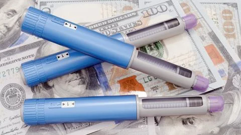 3D rendering of GLP-1 pens on dollar bills. Stock Illustration
