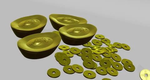 3D rendering gold bar and gold coin in chinese style has dollar sign Stock Illustration
