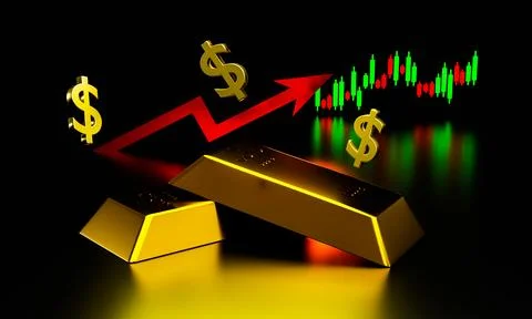 3d rendering Gold bars and dollar signs on black background concept forex Illustrazione stock