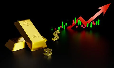 3d rendering Gold bars and dollar signs on black background concept Stock Illustration