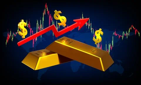 3d rendering Gold bars and dollar signs with red arrow up on world map Stock Illustration