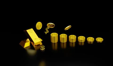 3d rendering Gold bars and dollar signs on black background concept forex t.. Stock Illustration