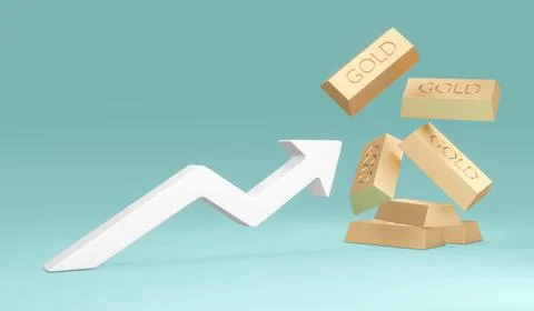 3D Rendering gold bars with arrow pointing up on background concept of gold.. Stock Illustration
