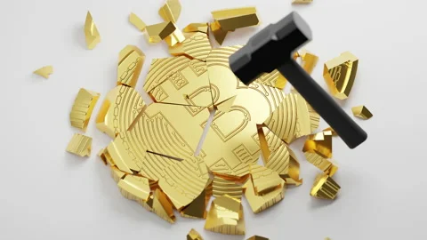 3D rendering gold Bitcoin Break down with hammer fall, Cryptocurrency Stock Footage 172227853