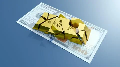 A 3d rendering of gold bullion bar on a $100 US dollar bill. Stock Illustration