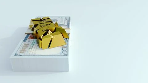 A 3d rendering of gold bullion bar on a $100 US dollar bill. Stock Illustration