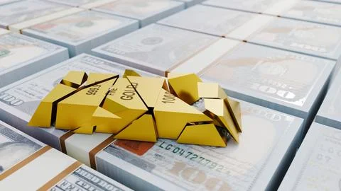 A 3d rendering of gold bullion bar on a $100 US dollar bill. Stock Illustration