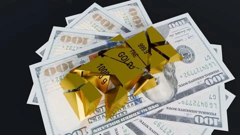 A 3d rendering of gold bullion bar on a $100 US dollar bill. Stock Illustration