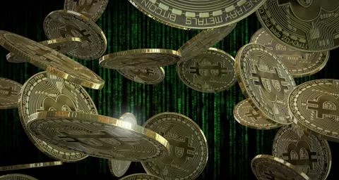 3D rendering of gold coins with bitcoin symbol Illustrazione stock