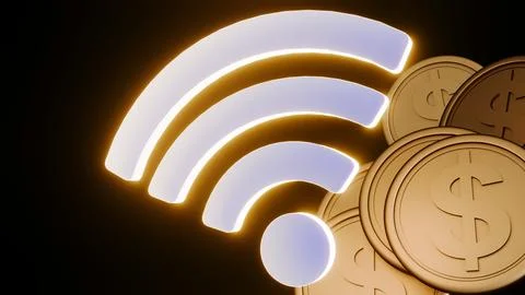 A 3D rendering of gold coins with a floating blue Wi-Fi signal icon Stock Illustration