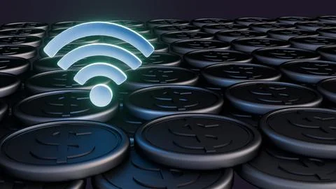 A 3D rendering of gold coins with a floating blue Wi-Fi signal icon Stock Illustration