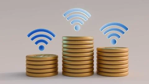 A 3D rendering of gold coins with a floating blue Wi-Fi signal icon Stock Illustration