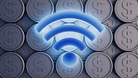 A 3D rendering of gold coins with a floating blue Wi-Fi signal icon Stock Illustration