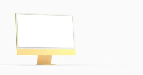 3D rendering of a gold computer screen with copy space on an isolated white Stock-Illustration